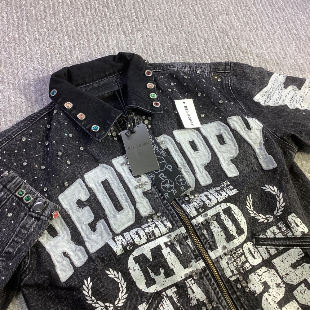 Red Poppy Mens Black Wash Embellished Graphic Denim Jacket XS NWT